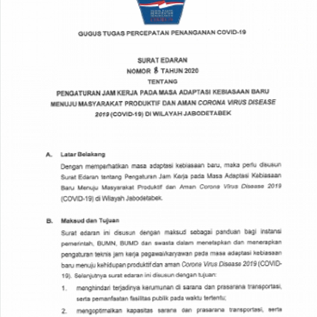 Gugus Tugas Covid-19 Keluarkan Surat Edaran Pengaturan Jam Kerja di Jabodetabek